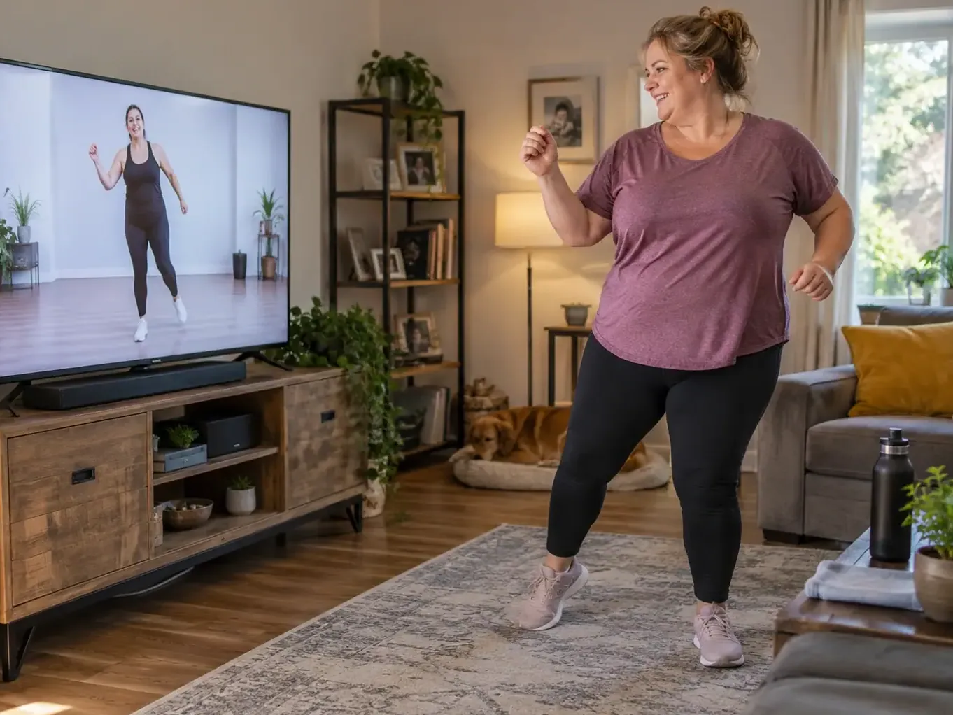 Erwachsene Teilnehmerin übt zu Hause vor einem Fernseher